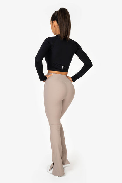 Beige Ribbed Flare Pants - for dame - Famme - Leggings